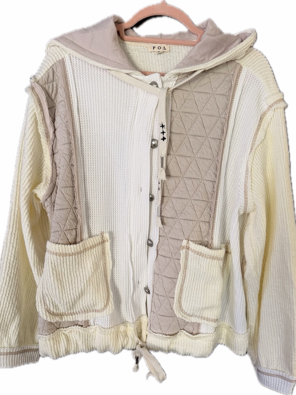 POL Mixed-Knit Hooded Jacket in Cream and Taupe